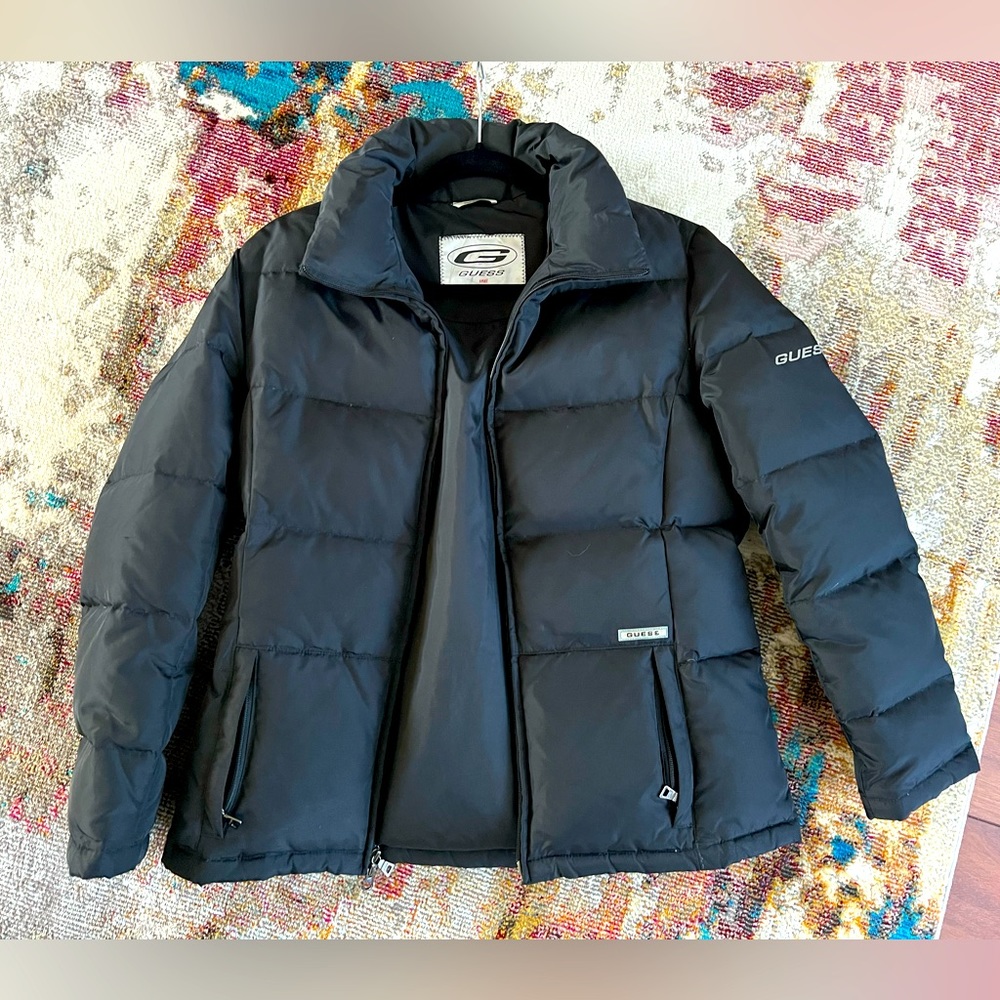 EUC Vintage Guess down puffer coat women’s small black zip up jacket unisex top - Picture 2 of 16